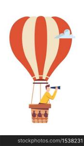 Cartoon male flying in hot air balloon vector flat illustration. Man character watching at binoculars from top isolated on white background. Looking at future, discovery and business idea concept. Cartoon male flying in hot air balloon vector flat illustration