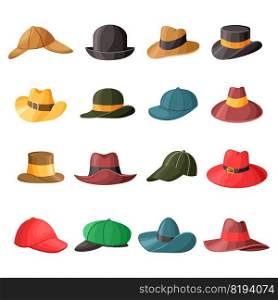 Cartoon male hat. Mans holiday and casual headwear, retro an modern cap. Vector fashion set illustration image colorful elegant accessory headgear. Cartoon male hat. Mans holiday and casual headwear, retro an modern cap. Vector fashion set
