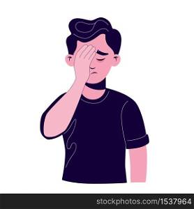 Cartoon male making gesture face palm in complete disappointment and disbelief isolated on white. Meme of male closed facial by hand having stressed and shock expression vector graphic illustration. Cartoon male making gesture face palm in complete disappointment and disbelief isolated
