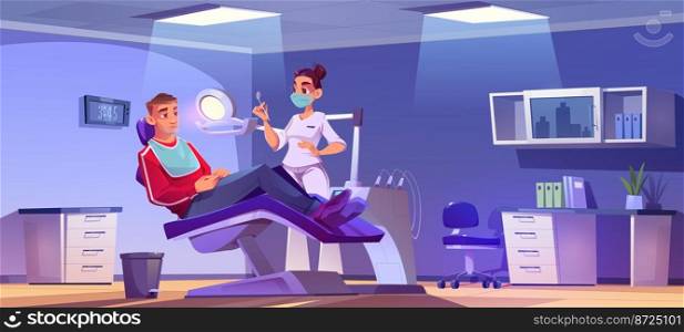 Cartoon male patient visiting female dentist. Doctor in medical mask examining young man’s teeth in hospital chair. Stomatology, dental health care services. Clinic interior vector illustration. Cartoon male patient visiting female dentist