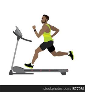 Cartoon male runner on a treadmill,fitness and jogging concept,isolated on white background,flat vector illustration. Cartoon male runner on a treadmill,fitness and jogging concept