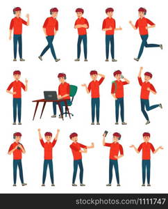 Cartoon male teenager character. Teenage boy in different poses and actions. Student man action poses, guy characters gesture or male person sign. Isolated vector illustration icons set. Cartoon male teenager character. Teenage boy in different poses and actions vector illustration set