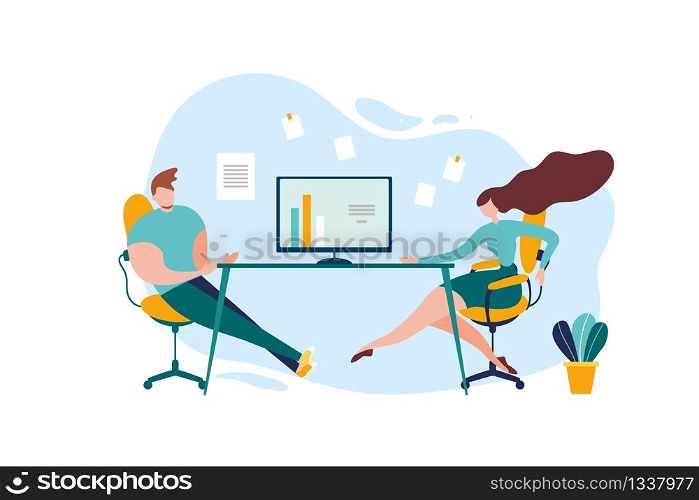 Cartoon Man and Woman at Office Table Conversation Vector Illustration. Employee Recruitment, Company Interview, Resume Discussion, Worker Hiring. People Meeting Problem Solution Strategy Talk. Cartoon Man Woman Worker Office Table Conversation