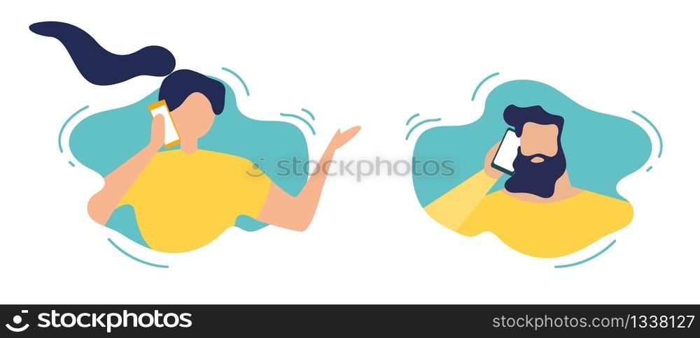 Cartoon Man and Woman Characters in Speech Bubbles Talk Phone. Telephone Addiction. Faceless Couple, Coworkers Make Personal or Business Call. Vector Conversation and Communication Flat Illustration. Man and Woman in Speech Bubbles Talking Phone
