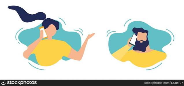Cartoon Man and Woman Characters in Speech Bubbles Talk Phone. Telephone Addiction. Faceless Couple, Coworkers Make Personal or Business Call. Vector Conversation and Communication Flat Illustration. Man and Woman in Speech Bubbles Talking Phone