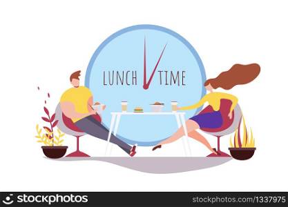 Cartoon Man and Woman Eating Together. Lunch Time Vector Illustration. Cafe Dinner, Takeaway Asian Food Box, Work Break Lunchbox. Hungry People Couple Sit Cafeteria Table Drink Coffee Cup. Cartoon Man Woman Eating Together Lunch Time Cafe