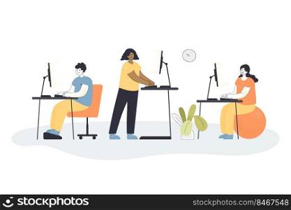 Cartoon man and woman employees working at modern area with ergonomic furniture and computers. Diverse people standing and sitting at desks flat vector illustration. Office space, coworking concept