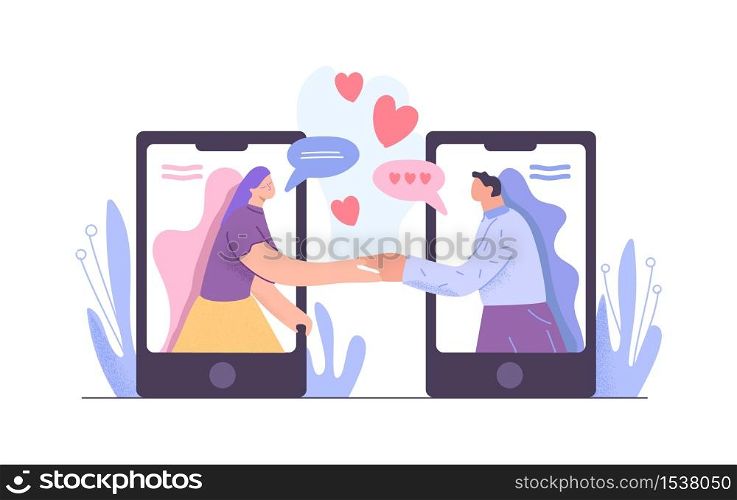 Cartoon man and woman holding hands meeting at dating app vector flat illustration. Enamored male and female users acquaintance in social network at screen of smartphone isolated on white. Cartoon man and woman holding hands meeting at dating app vector flat illustration