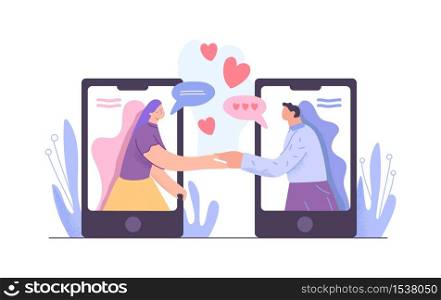 Cartoon man and woman holding hands meeting at dating app vector flat illustration. Enamored male and female users acquaintance in social network at screen of smartphone isolated on white. Cartoon man and woman holding hands meeting at dating app vector flat illustration