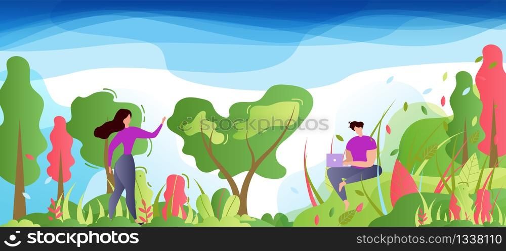 Cartoon Man and Woman in Park or Forest. Female Freelancer Types on Laptop Chatting Social Network, Watching Video. Happy Female Character Enjoys Summer Nature. Work and Rest. Vector Flat Illustration. Man Freelancer and Happy Woman on Nature Cartoon