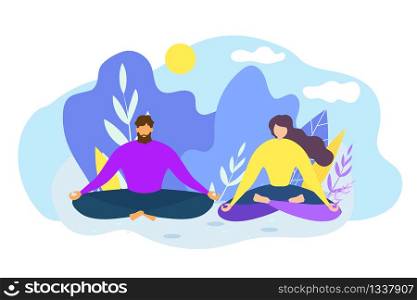 Cartoon Man and Woman Meditate Outdoors. Nature Harmony Vector Illustration. Yoga Class Practice, Inner Concentration, Mental Health, Energy Recharge, Lotus Position, Peaceful Person. Relax Keep Calm. Cartoon Man Woman Meditate Outdoors Nature Harmony