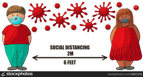 Cartoon man and woman observe social distance. Fight against coronavirus. Health concept. Coronavirus. Vector illustration of the problem of coronavirus