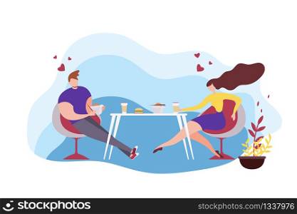 Cartoon Man and Woman Sit Table Eating Asian Food Takeaway Coffee Drink Vector Illustration. Love Couple Restaurant Date. Cafe Dinner. Cafeteria Lunch. Romantic Relationship. People Meal Together. Cartoon Man Woman Sit Table Eating Asian Food