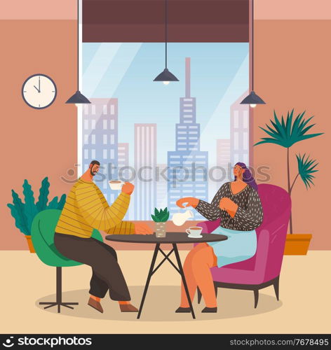 Cartoon man and woman sitting at round table and drinking tea. Large potted decorative plants in interior. Cartoon characters in modern office dining room. Panoramic window cityscape. Ceiling lighting. Cartoon characters drink tea at table at home or in modern office. City landscape. Flat image