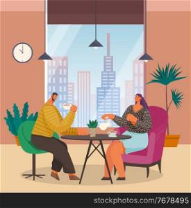 Cartoon man and woman sitting at round table and drinking tea. Large potted decorative plants in interior. Cartoon characters in modern office dining room. Panoramic window cityscape. Ceiling lighting. Cartoon characters drink tea at table at home or in modern office. City landscape. Flat image