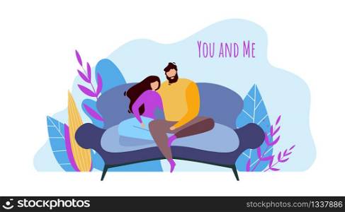 Cartoon Man and Woman Sitting Together on Sofa Vector Illustration. Love Relationship, Happiness Valentines Day Card, Anniversary Greeting. Girlfriend and Boyfriend Hug, Married Couple Care Comfort. Cartoon Man Woman Couple Sitting Together on Sofa