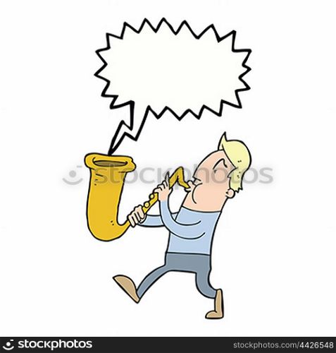 cartoon man blowing saxophone with speech bubble