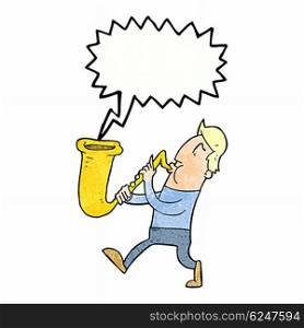 cartoon man blowing saxophone with speech bubble