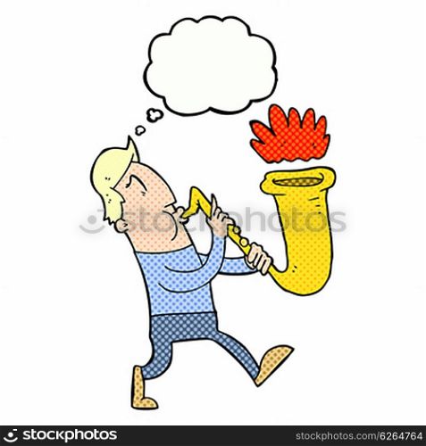 cartoon man blowing saxophone with thought bubble