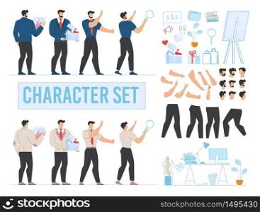 Cartoon Man Characters Animated, Vector Office and Accessories Creation Set. Different Views, Actions, Poses, Gestures, Body Parts, Creative Icons. Flat Businessman or Office Worker Illustration. Man Character Animated, Office and Accessories Set