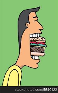 Cartoon man eating huge hamburguer