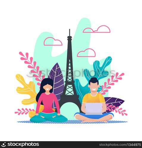 Cartoon Man Freelancer and Sporty Woman on Vacation Abroad in Europe. Girl Meditating, Doing Yoga Exercise. Busy Guy Remotely Working on Laptop. Summer, Job and Recreation. Vector Flat Illustration. Cartoon Man Freelancer and Sport Woman on Vacation