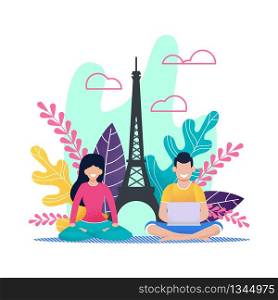 Cartoon Man Freelancer and Sporty Woman on Vacation Abroad in Europe. Girl Meditating, Doing Yoga Exercise. Busy Guy Remotely Working on Laptop. Summer, Job and Recreation. Vector Flat Illustration. Cartoon Man Freelancer and Sport Woman on Vacation