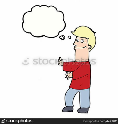 cartoon man gesturing with thought bubble