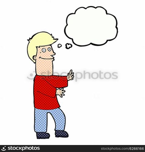 cartoon man gesturing with thought bubble