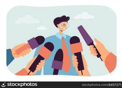 Cartoon man giving opinion to public press. Hands holding mics, guy giving interview or comments flat vector illustration. Television, journalism concept for banner, website design or landing web page