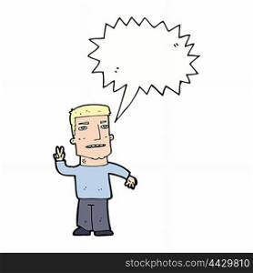 cartoon man giving peace sign with speech bubble