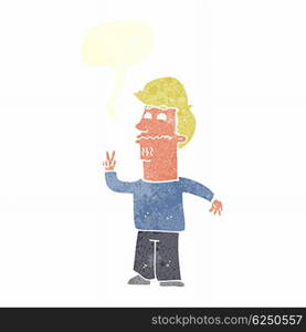 cartoon man giving peace sign with speech bubble