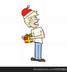 cartoon man holding a christmas present