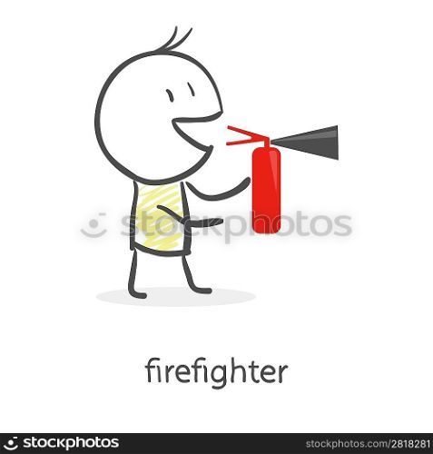 Cartoon man holding a fire extinguisher