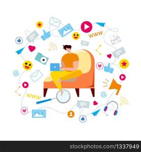 Cartoon Man in Armchair Type in Notebook Browse Social Media Vector Illustration. Internet Communication, Modern Technology, Network Blog Content, Share Post Online, Business Service Marketing. Cartoon Man Armchair Notebook Browse Social Media