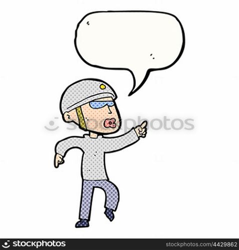 cartoon man in bike helmet pointing with speech bubble