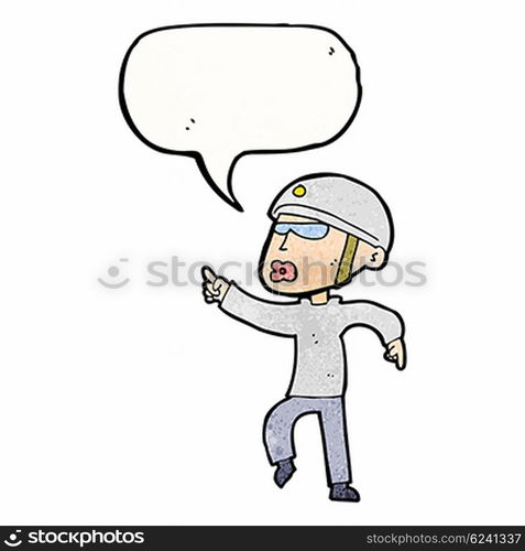 cartoon man in bike helmet pointing with speech bubble