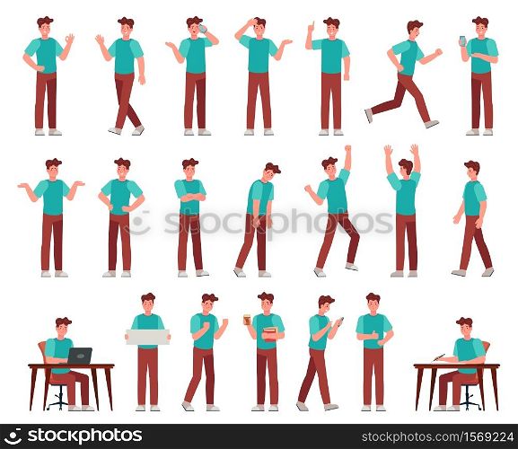 Cartoon man in casual outfit. Young male character in different poses. Student with various gestures, face expression vector set. Guy working with laptop, writing at desk, talking on phone, routine. Cartoon man in casual outfit. Young male character in different poses. Student with various gestures, face expression vector set