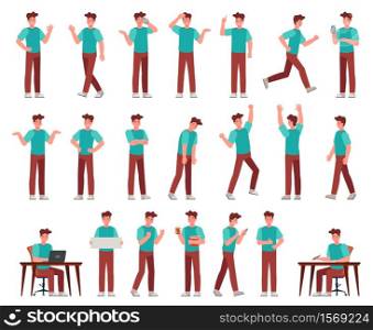 Cartoon man in casual outfit. Young male character in different poses. Student with various gestures, face expression vector set. Guy working with laptop, writing at desk, talking on phone, routine. Cartoon man in casual outfit. Young male character in different poses. Student with various gestures, face expression vector set
