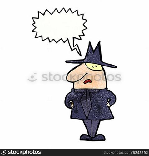 cartoon man in coat and hat with speech bubble