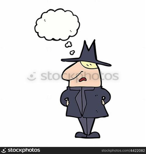 cartoon man in coat and hat with thought bubble