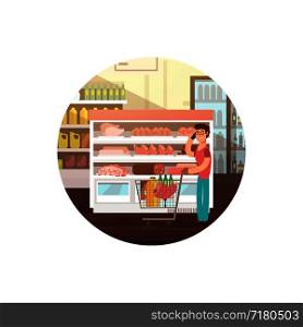 Cartoon man in food store or supermarket vector banner isolated on white illustration. Cartoon man in food store or supermarket vector banner