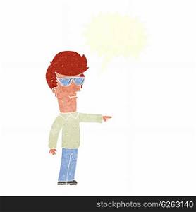 cartoon man in glasses pointing with speech bubble