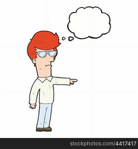 cartoon man in glasses pointing with thought bubble
