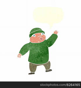 cartoon man in hat waving with speech bubble