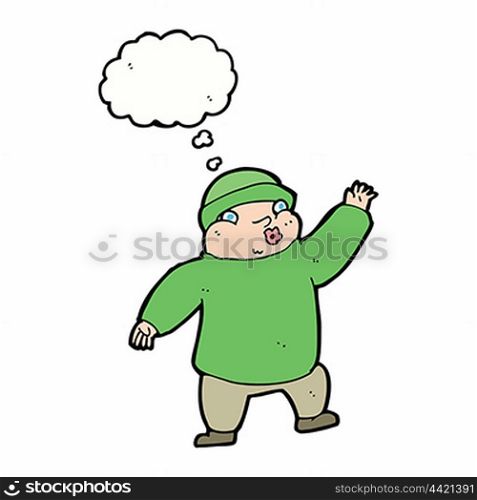 cartoon man in hat waving with thought bubble