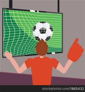 Cartoon man in red shirt in wheelchair watching TV, soccer or football fan illustration.