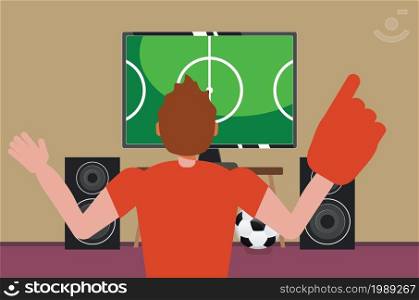 Cartoon man in red shirt in wheelchair watching TV, soccer or football fan illustration.