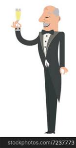 Cartoon man in tuxedo with glass of champagne illustration.