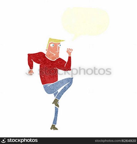 cartoon man jogging on spot with speech bubble
